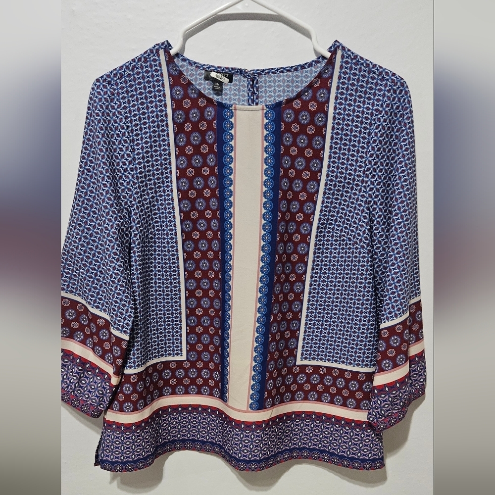 Talbots Women Bold Boho Mp Colorblock Geometric Satin Patchwork Print Blouse B10